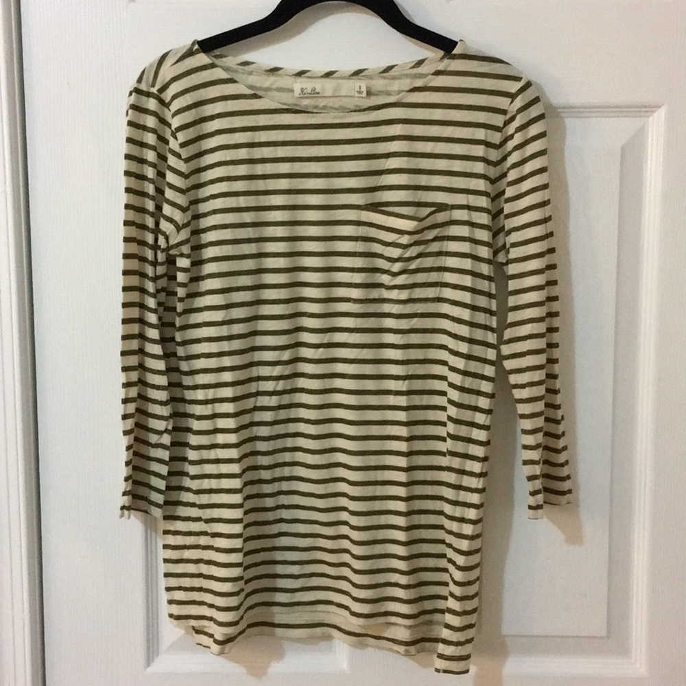 Madewell cream and green striped shirt.